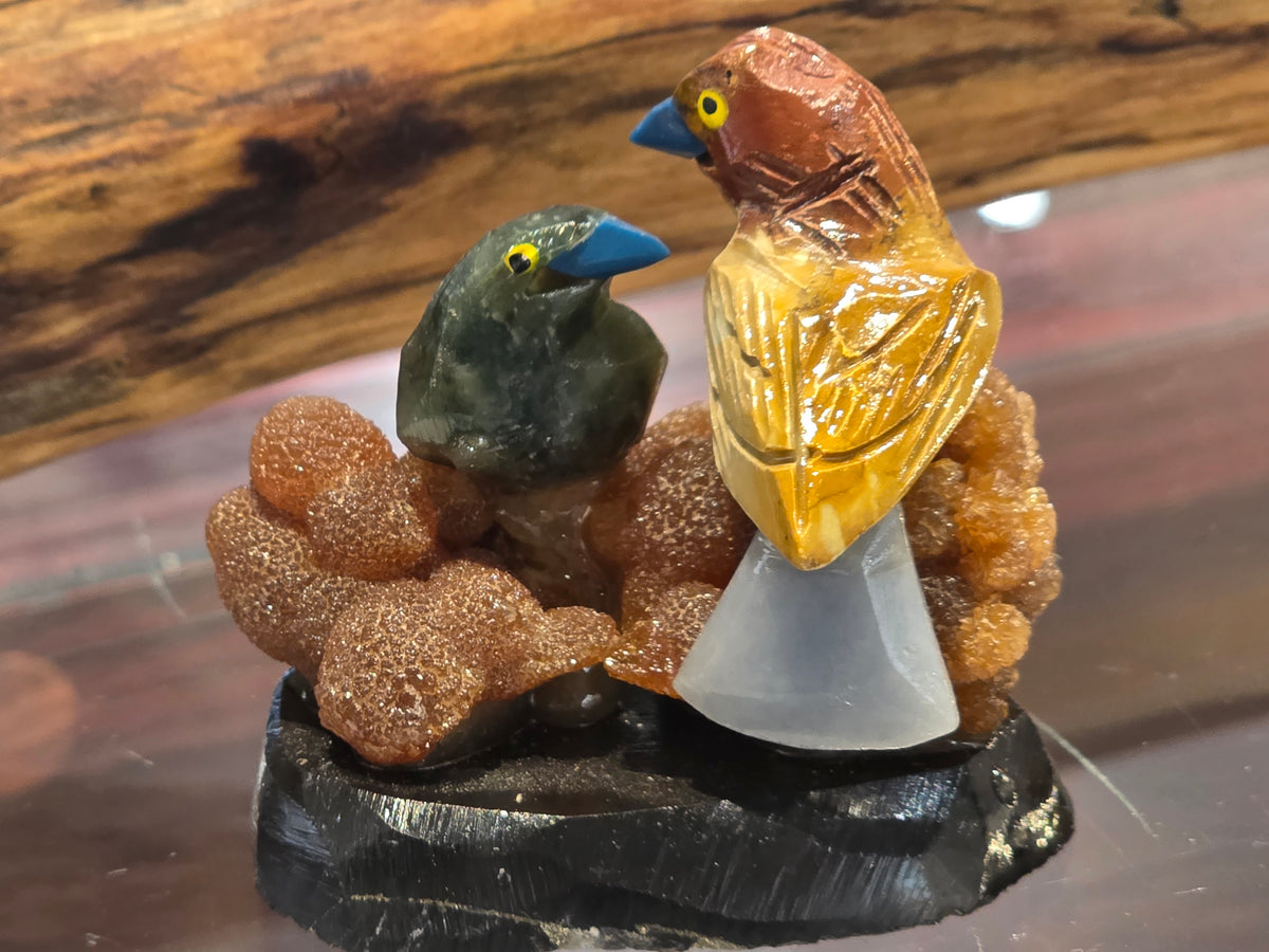 Mixed Gemstone Carved Lovebirds