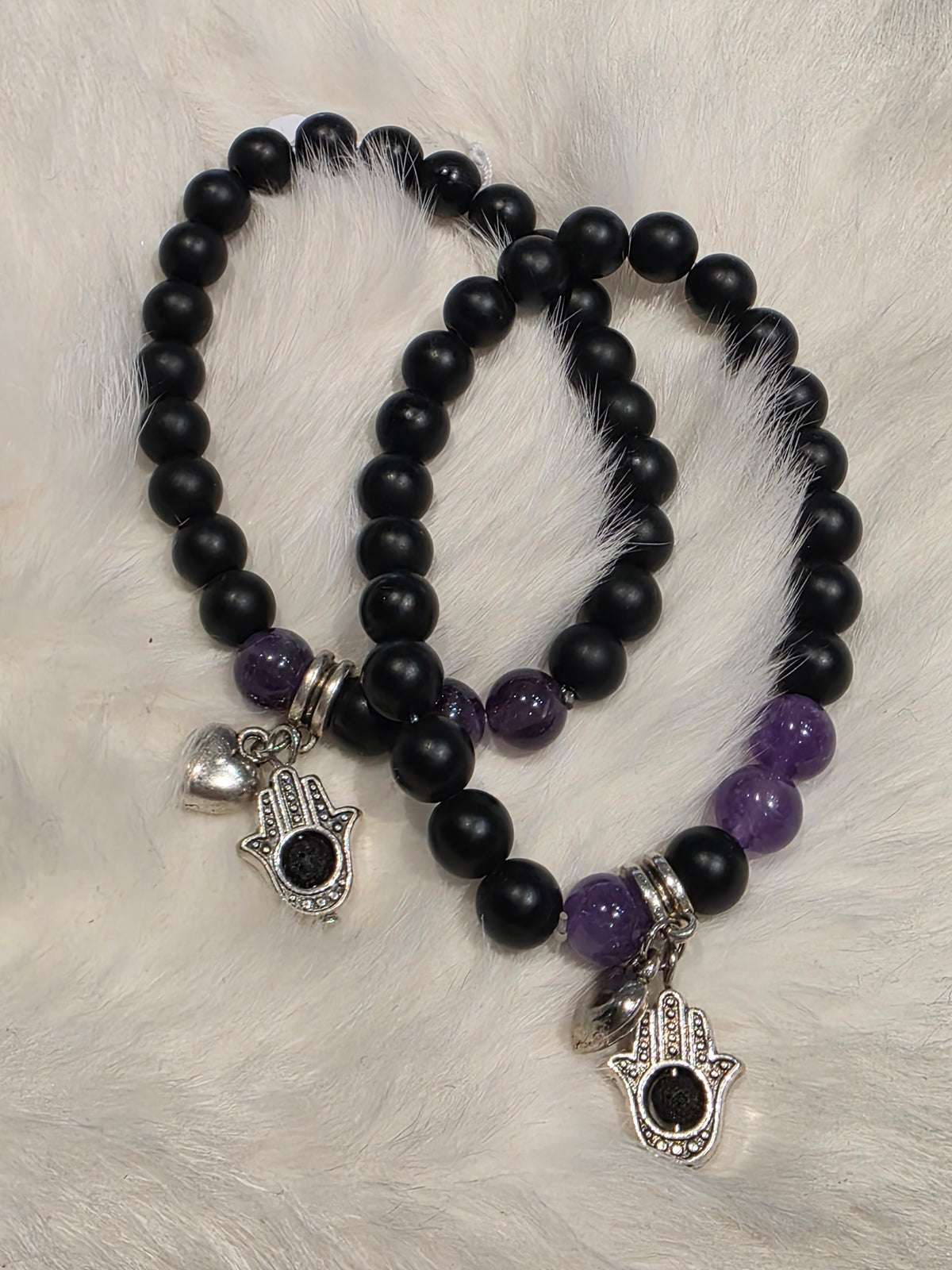 Hamsa Hand Bracelet - Onyx & Amethyst