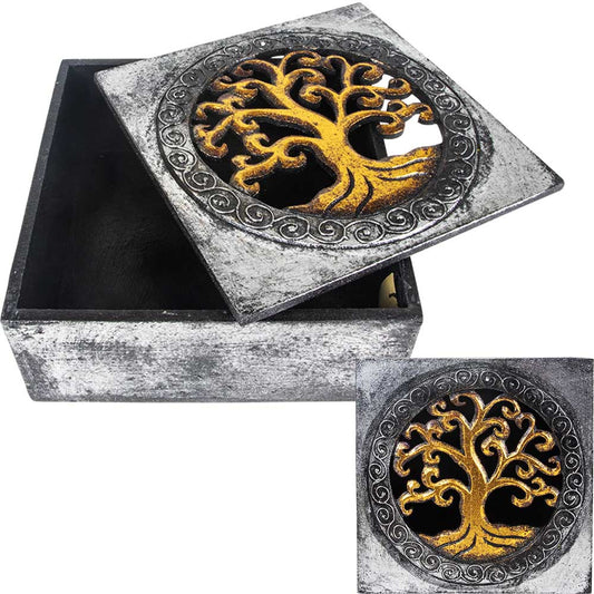Wood Box Carved lid Tree of Life 8x8x3.5"