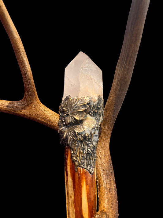 MAGICK Diamond Willow wood Staff with deer antler and Lumerian Quartz