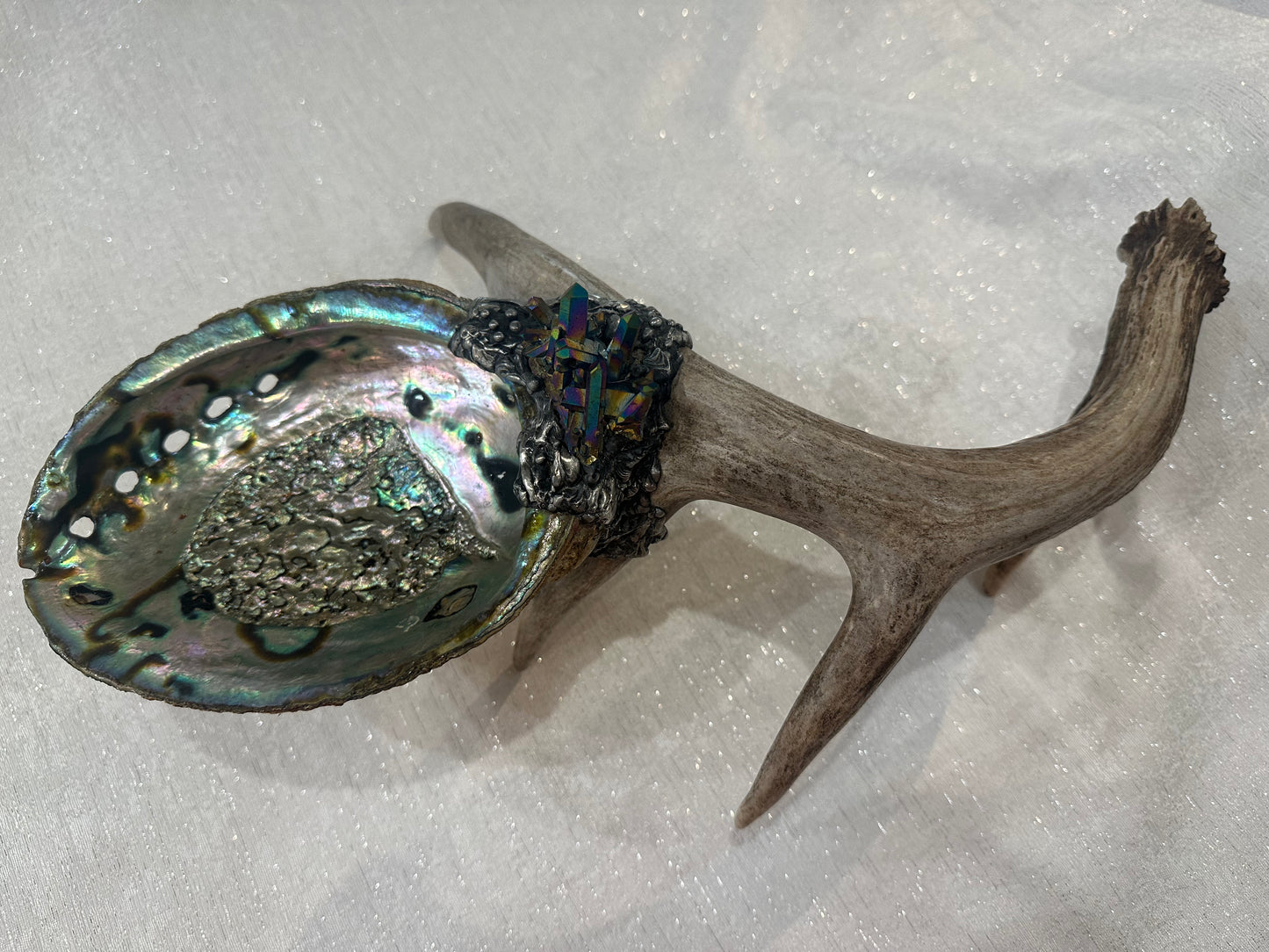 Abalone Shell, silver, deer antler, and Titanium Aura Quarts - Smudge Bowl