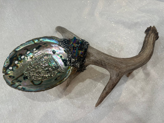 Abalone Shell, silver, deer antler, and Titanium Aura Quarts - Smudge Bowl