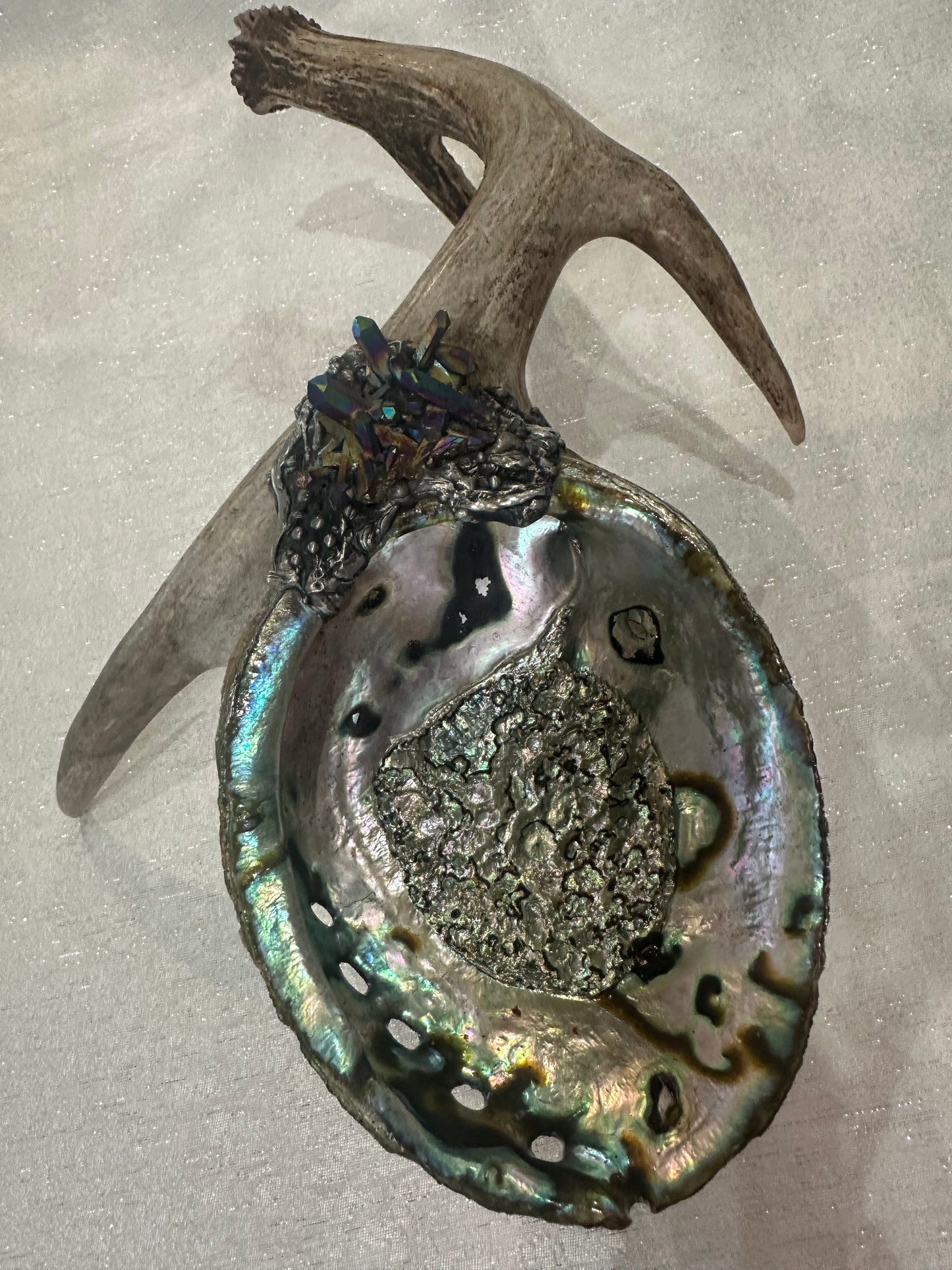 Abalone Shell, silver, deer antler, and Titanium Aura Quarts - Smudge Bowl