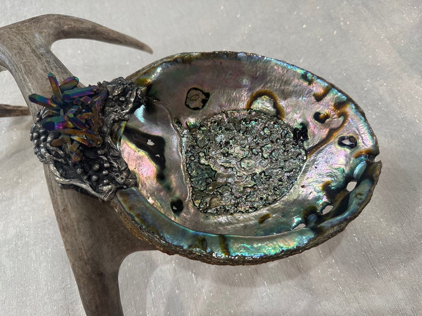 Abalone Shell, silver, deer antler, and Titanium Aura Quarts - Smudge Bowl