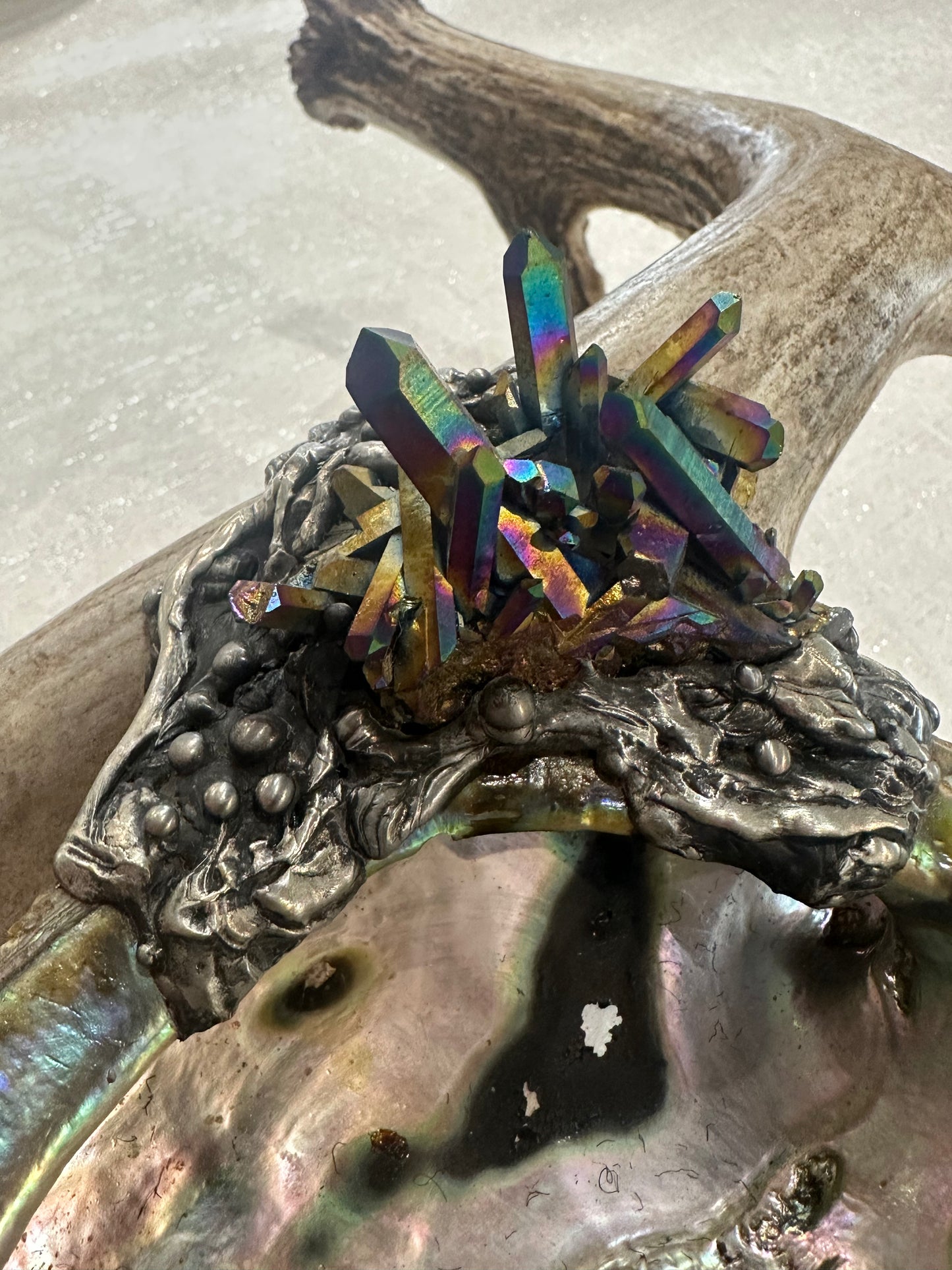 Abalone Shell, silver, deer antler, and Titanium Aura Quarts - Smudge Bowl
