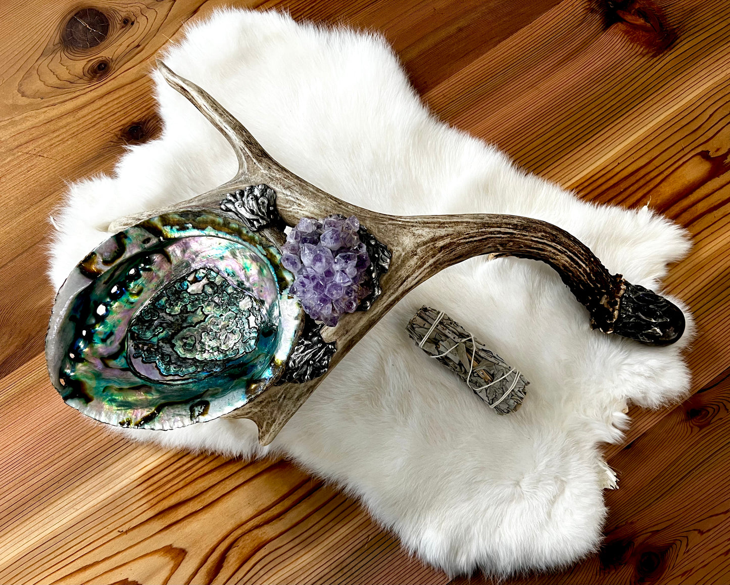 Abalone Shell, Full Deer Antler, Amethyst cluster, Dragon's Blood & tumbled Amethyst - Smudge Bowl