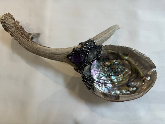 Abalone Shell, silver, deer antler, Clear Quartz  and Amethyst - Smudge Bowl