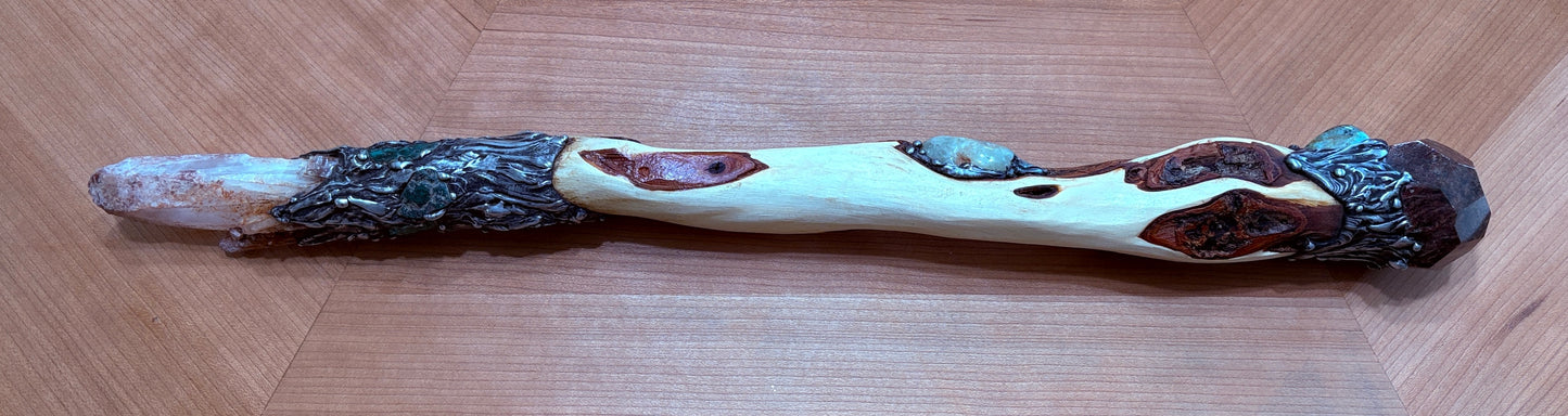 Magic Diamond Willow Wood wand with Lithium Quartz and Red Garnet (Available)