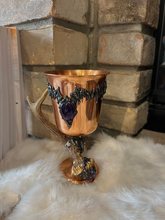 Silver solder Copper chalice with antler handle and Amethyst