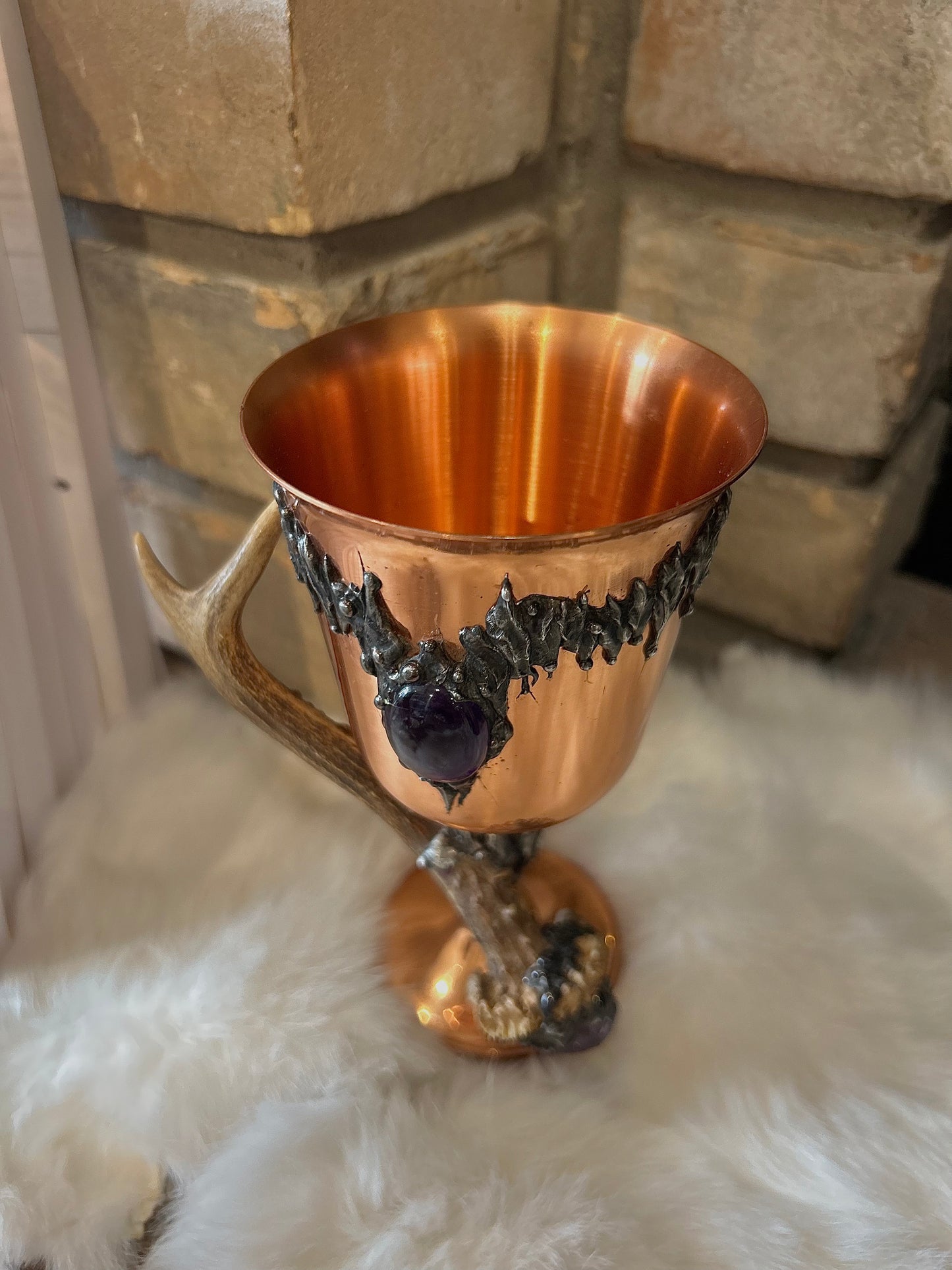 Silver solder Copper chalice with antler handle and Amethyst