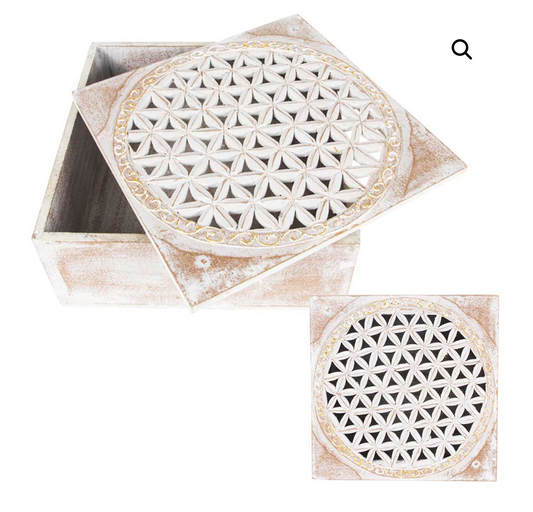 Wood Box Carved lid Flower of Life 8x8x3.5"