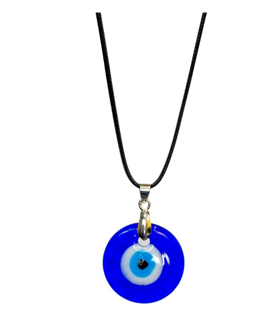 EVIL EYE PROTECTION NECKLACE - ROUND BLUE GLASS WITH BLACK CORD 1″DIA