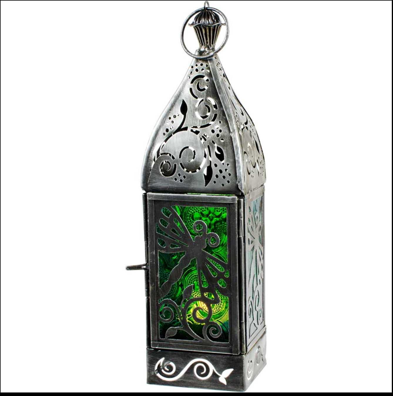LANTERN GLASS&METAL+DRAGONFLY-GREEN & TURQUOISE 9″H.