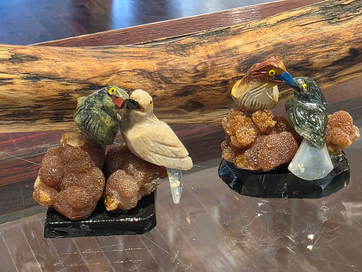 Mixed Gemstone Carved Lovebirds