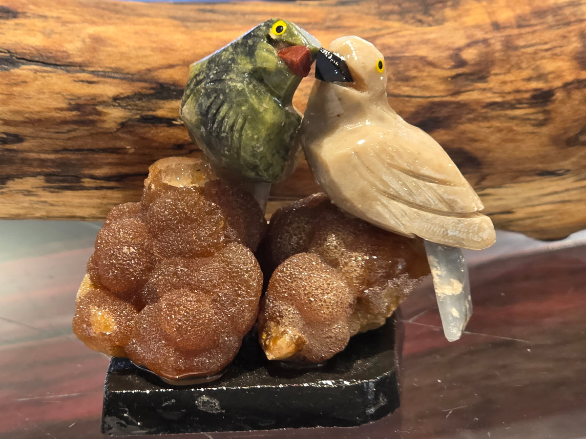 Mixed Gemstone Carved Lovebirds
