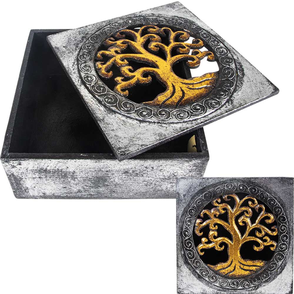 Wood Box Carved lid Tree of Life 8x8x3.5"