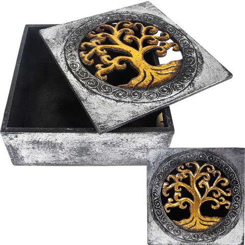 Wood Box Carved lid Tree of Life 8x8x3.5"