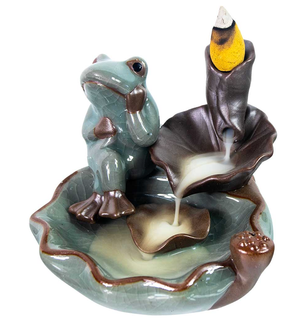 Ceramic incense Backflow burner Sitting Frog on Lotus 3.75″H