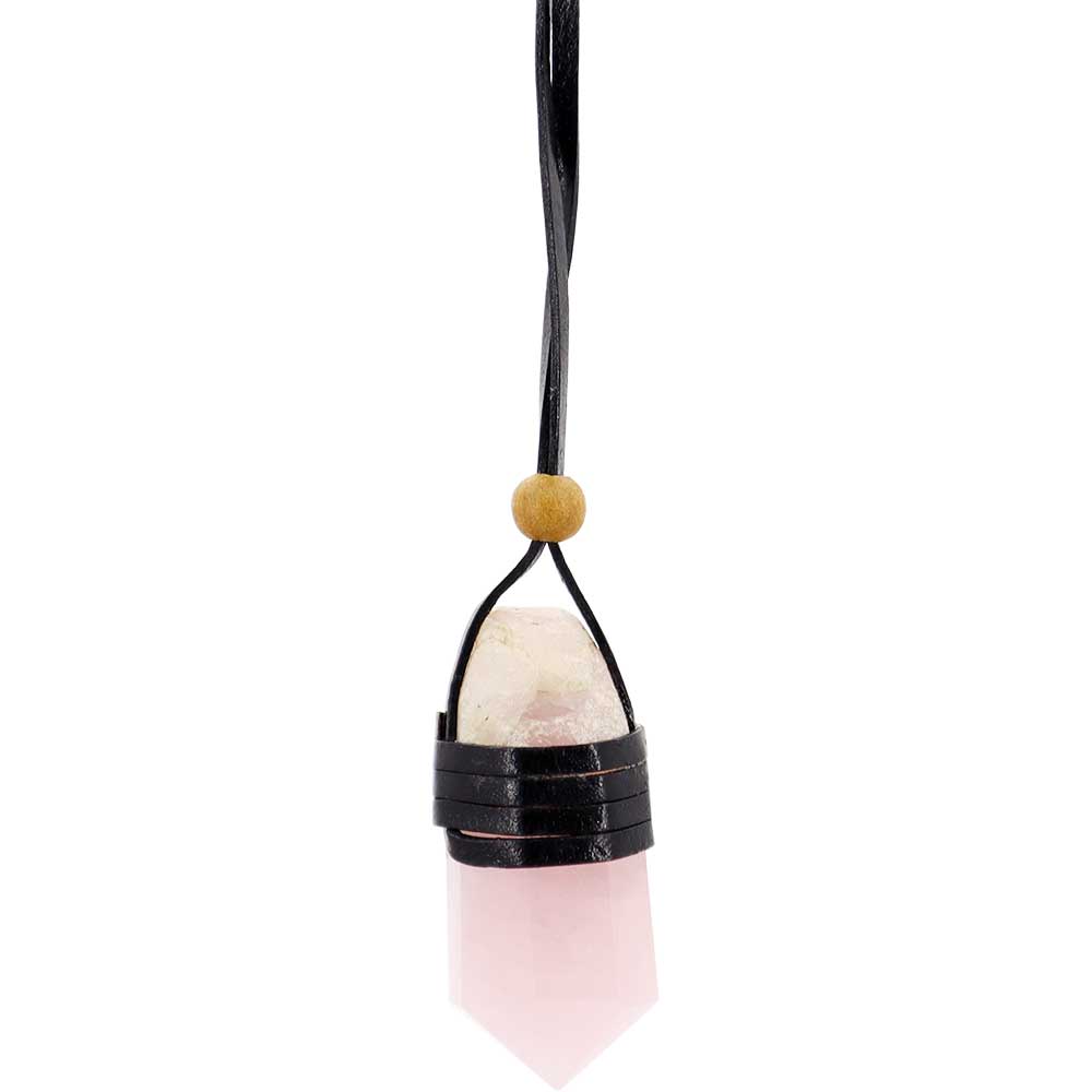 Necklace faceted point leather wrap - Rose Quartz