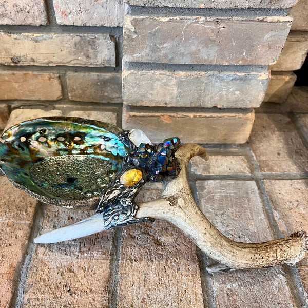 Abalone Shell, silver, deer antler, and Titanium Aura Quarts - Smudge Bowl