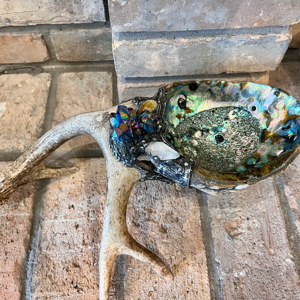 Abalone Shell, silver, deer antler, and Titanium Aura Quarts - Smudge Bowl
