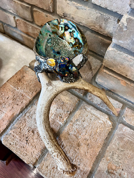 Abalone Shell, silver, deer antler, and Titanium Aura Quarts - Smudge Bowl