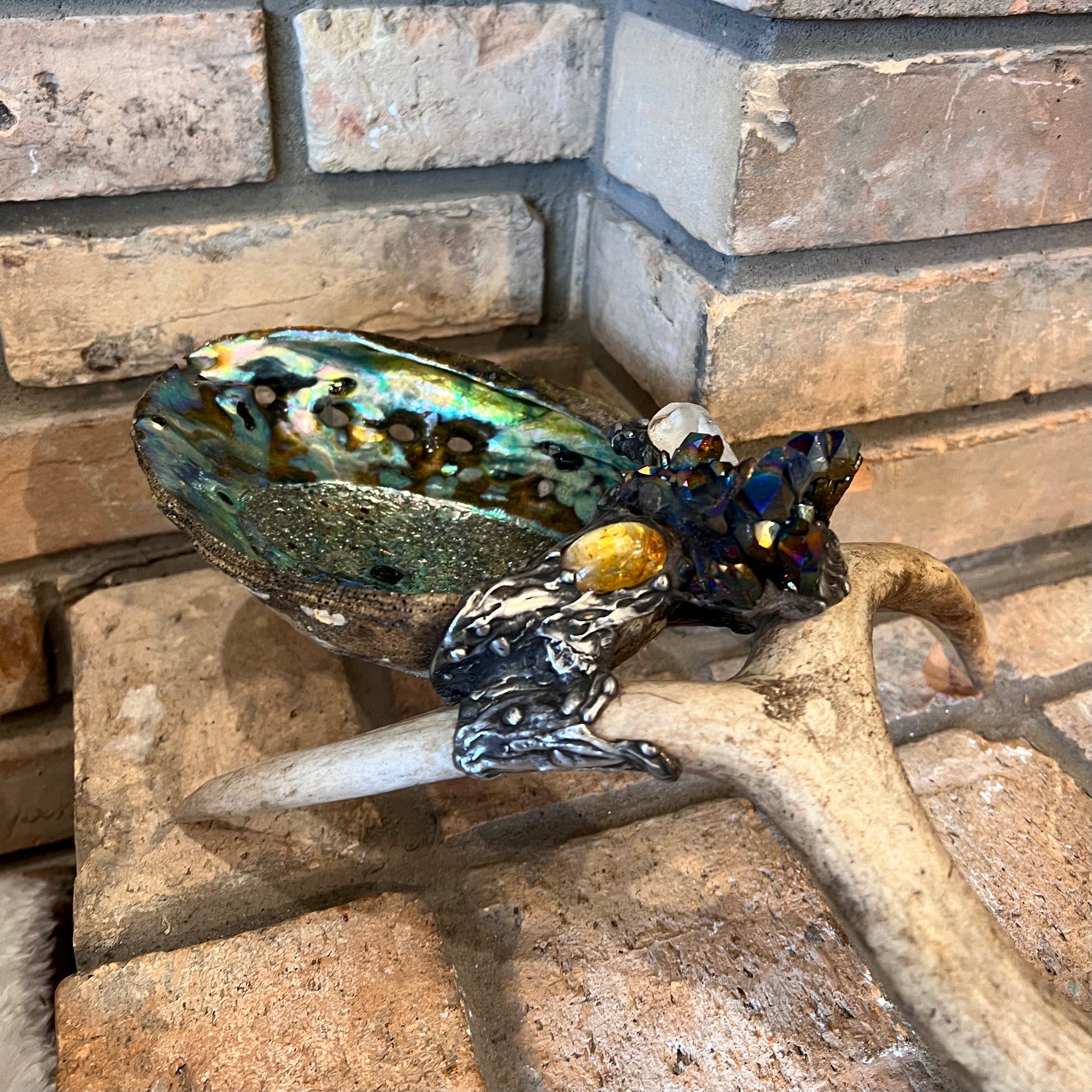Abalone Shell, silver, deer antler, and Titanium Aura Quarts - Smudge Bowl