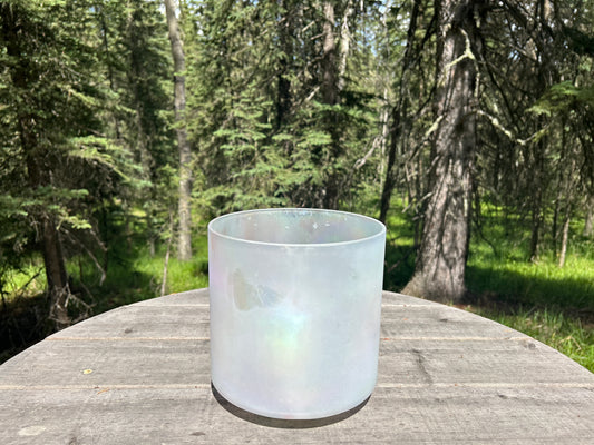 8" D +35 EMERALD, MORGANITE, PLATINUM (INSIDE) FROSTED ALCHEMY CRYSTAL SINGING BOWL