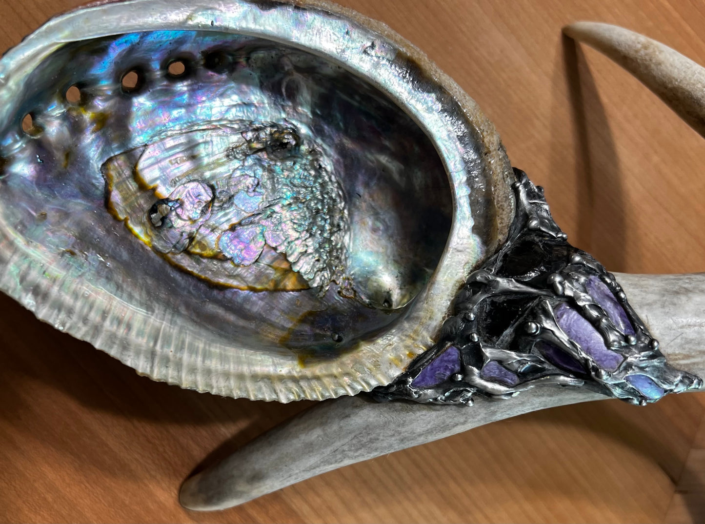 Abalone Shell, Full Deer Antler, Charoite Elite Shungite & Smoky Quartz - Smudge Bowl