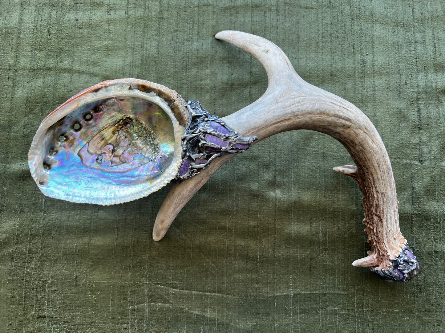 Abalone Shell, Full Deer Antler, Charoite Elite Shungite & Smoky Quartz - Smudge Bowl