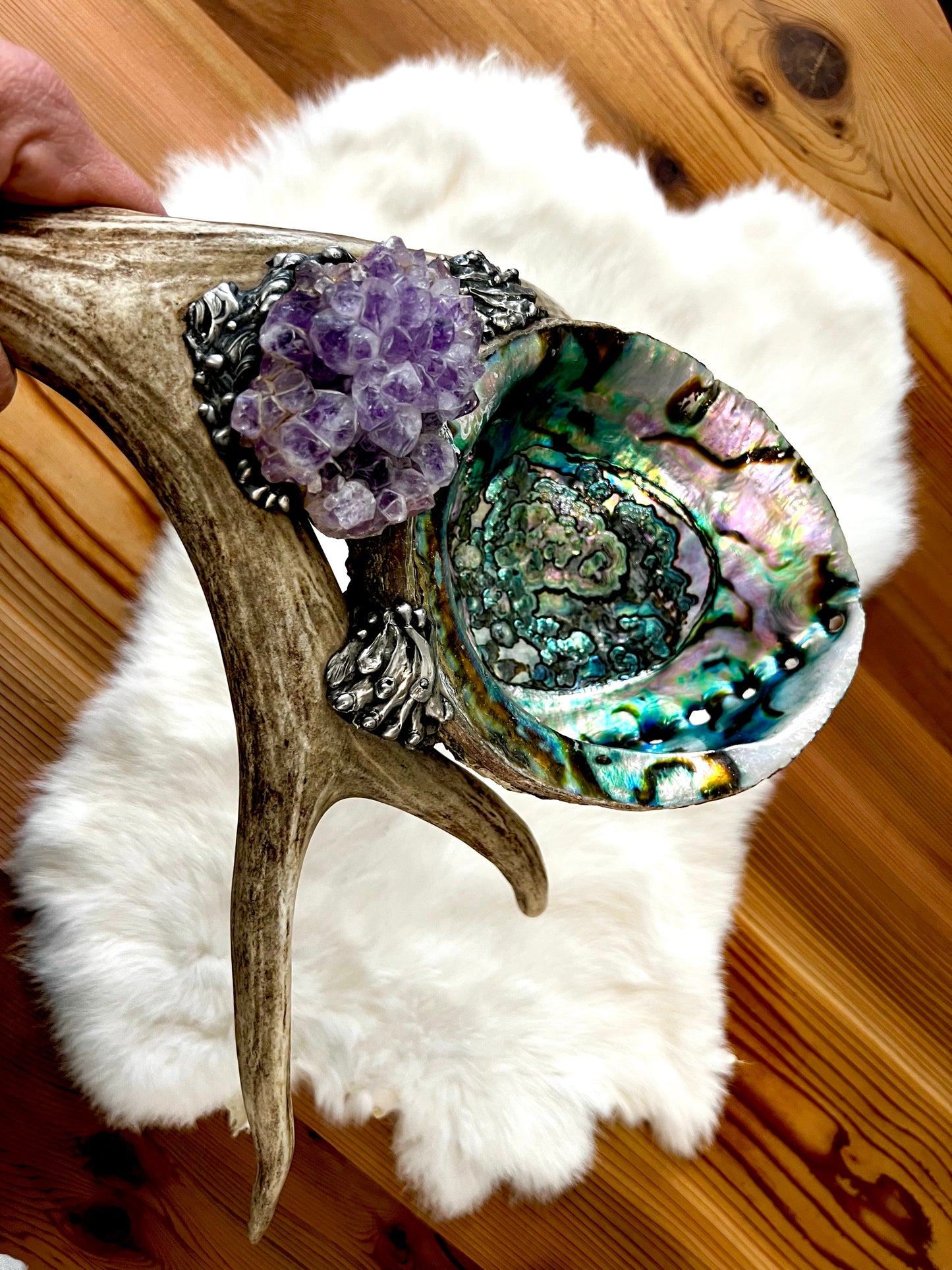 Abalone Shell, Full Deer Antler, Amethyst cluster, Dragon's Blood & tumbled Amethyst  - Smudge Bowl
