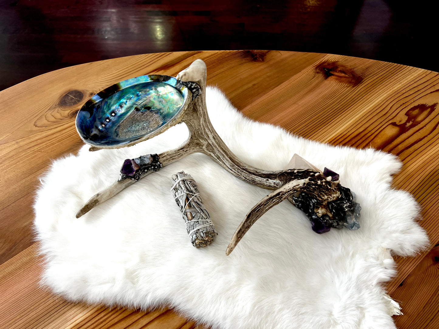 Abalone Shell, Full Deer Antler - Candle Quartz  - Smudge Bowl