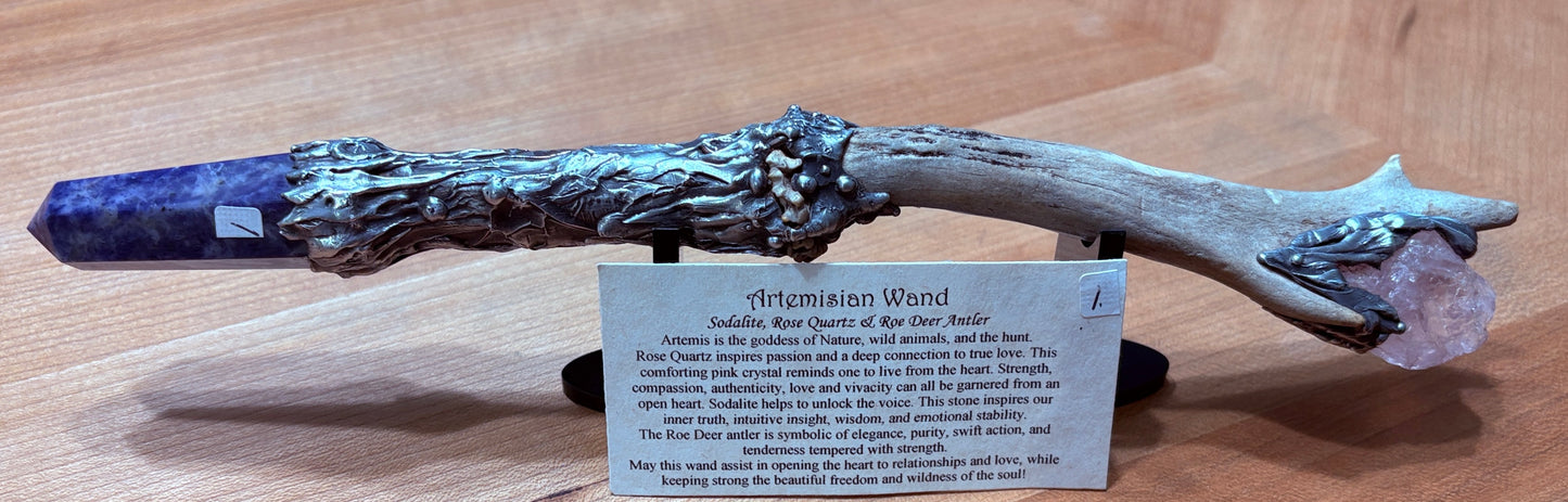 Artemisian Wand - Sodalite, Rose Quartz & Roe Deer Antler #1: Available