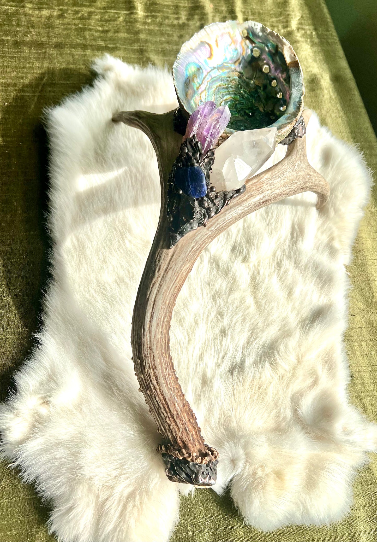 Abalone Shell, Full Deer Antler Large - Shungite, sodalite laser amethyst - Smudge Bowl