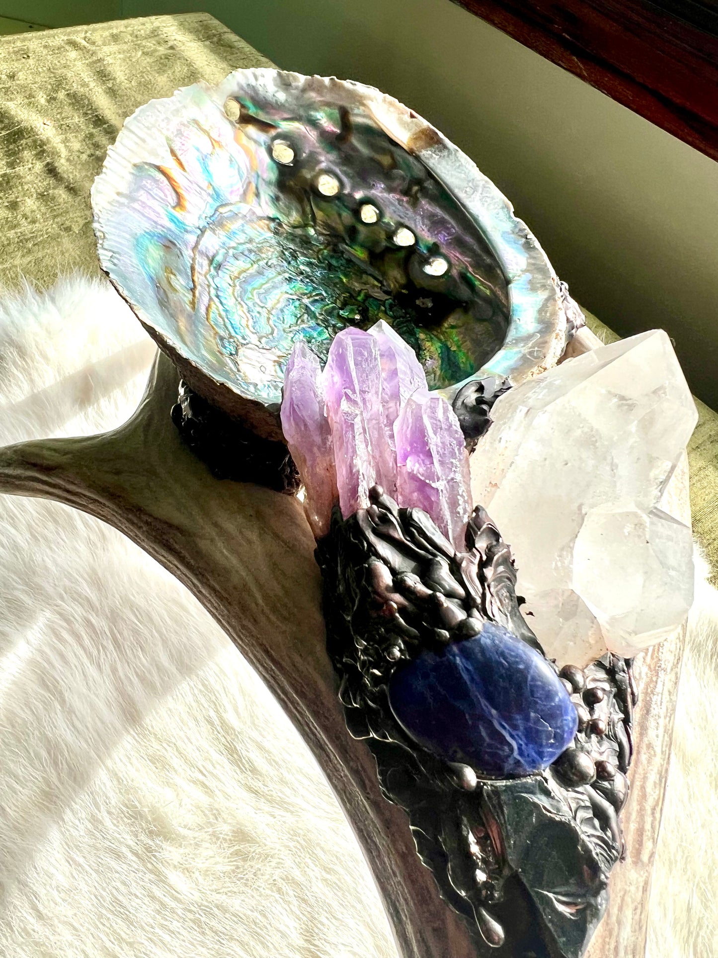 Abalone Shell, Full Deer Antler Large - Shungite, sodalite laser amethyst - Smudge Bowl
