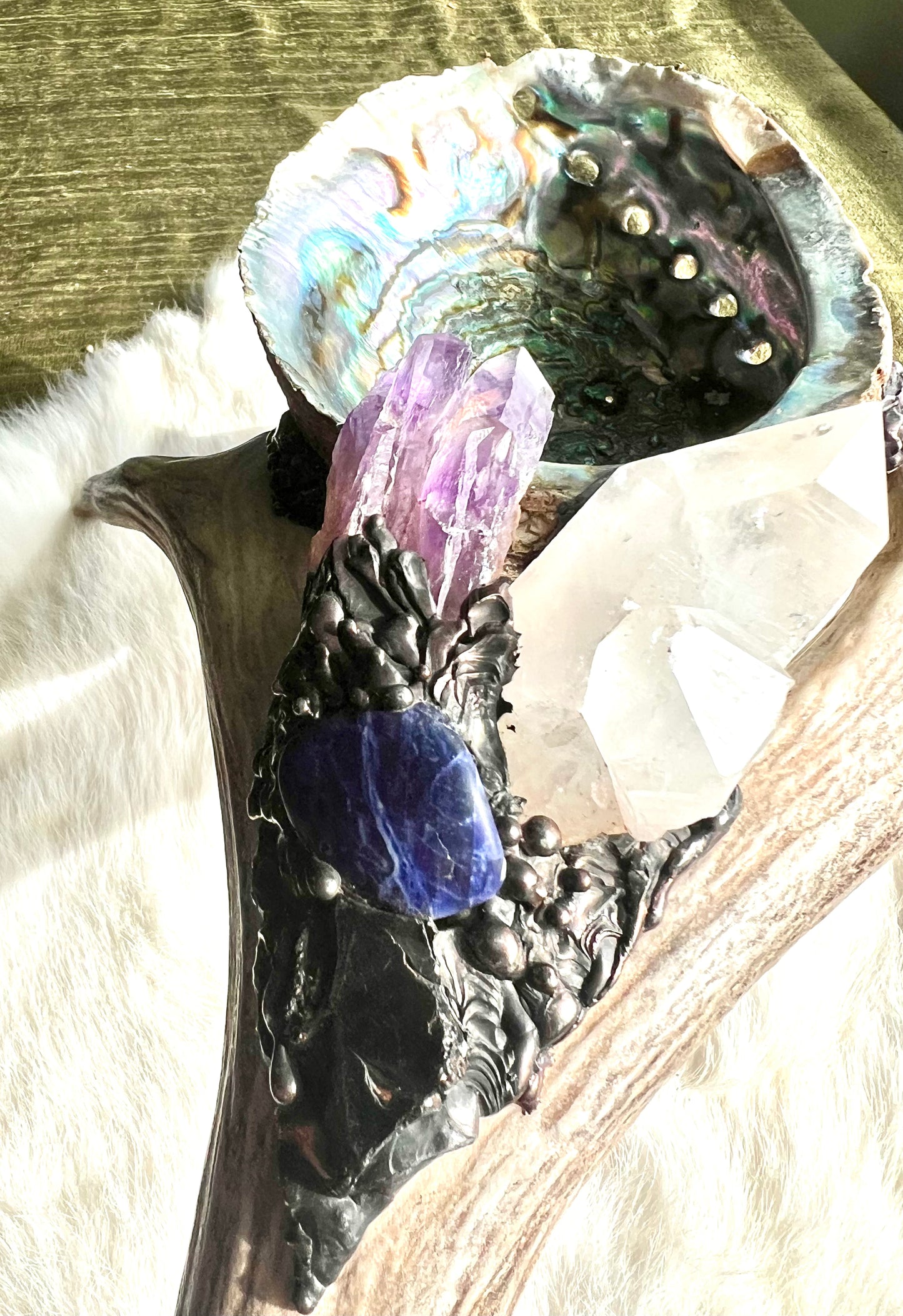 Abalone Shell, Full Deer Antler Large - Shungite, sodalite laser amethyst - Smudge Bowl