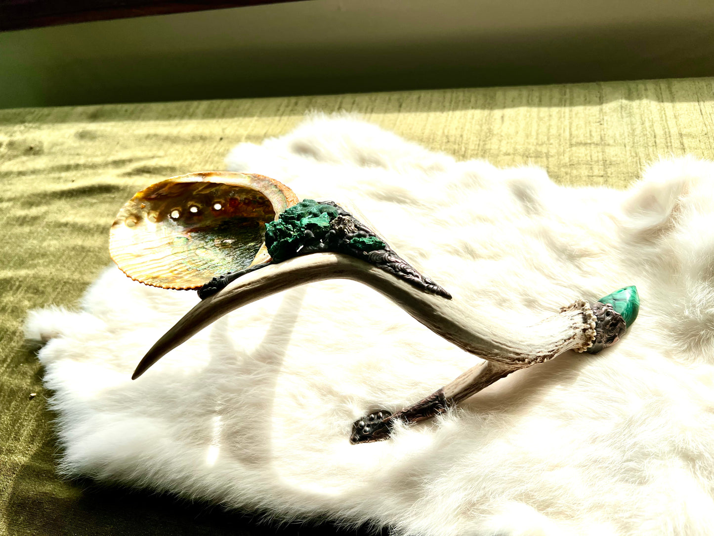 Abalone Shell, Full Deer Antler Medium  - Fibrous Malachite - Smudge Bowl