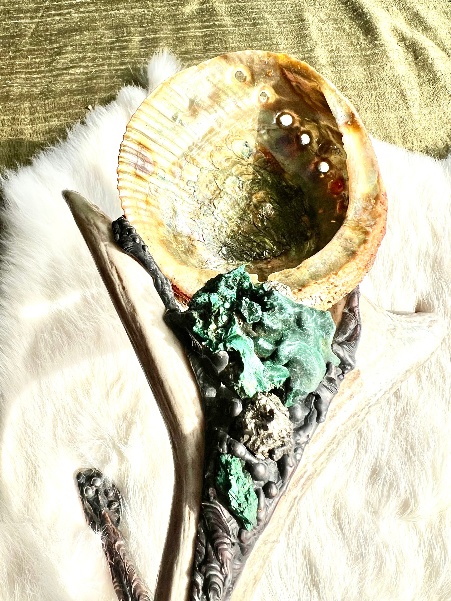 Abalone Shell, Full Deer Antler Medium  - Fibrous Malachite - Smudge Bowl