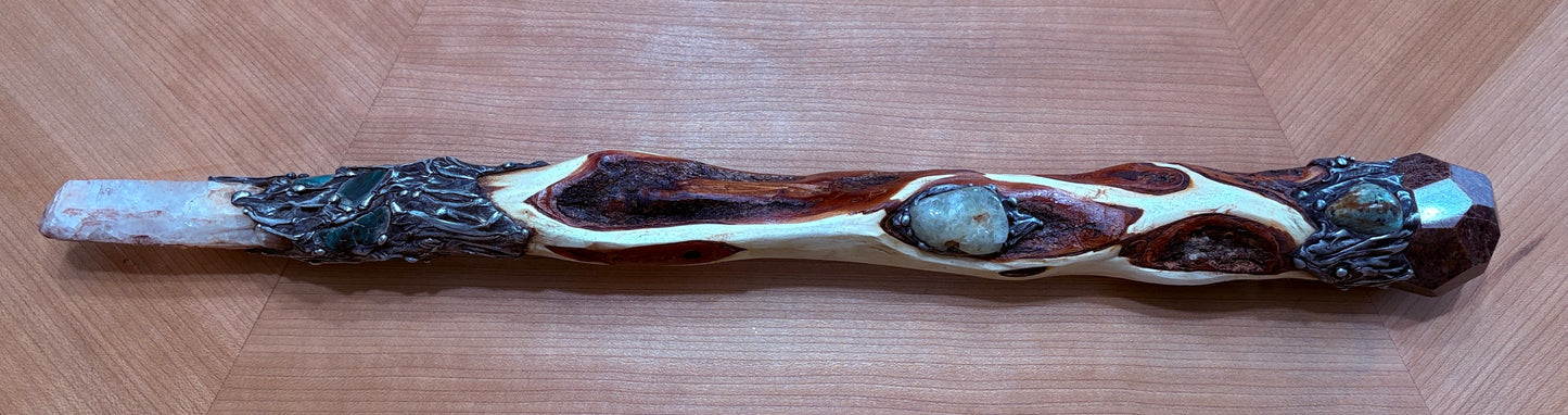 Magic Diamond Willow Wood wand with Lithium Quartz and Red Garnet (Available)