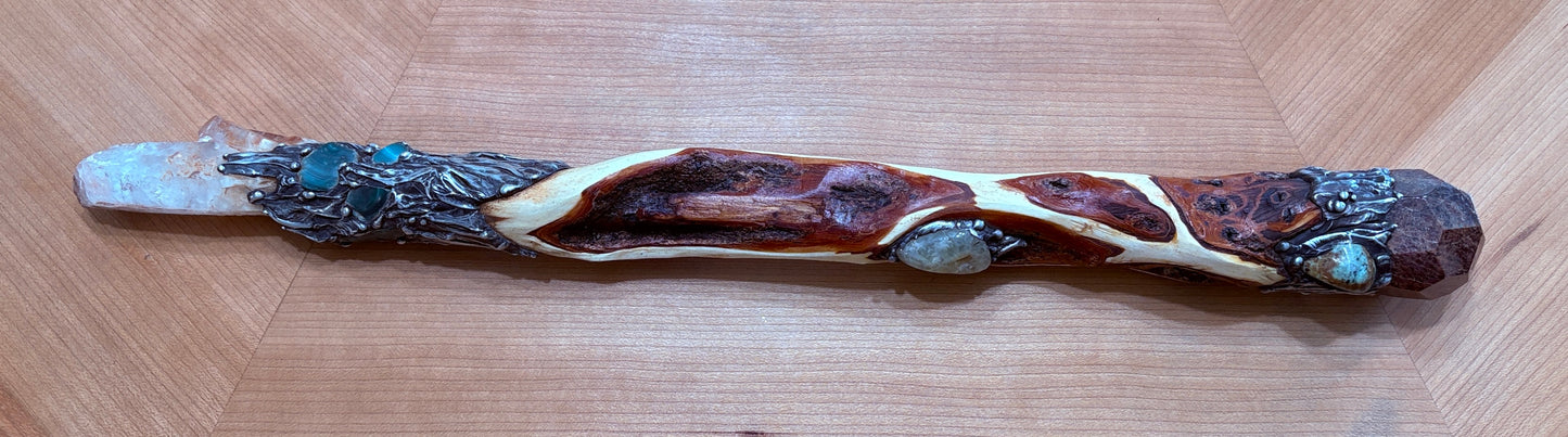 Magic Diamond Willow Wood wand with Lithium Quartz and Red Garnet (Available)