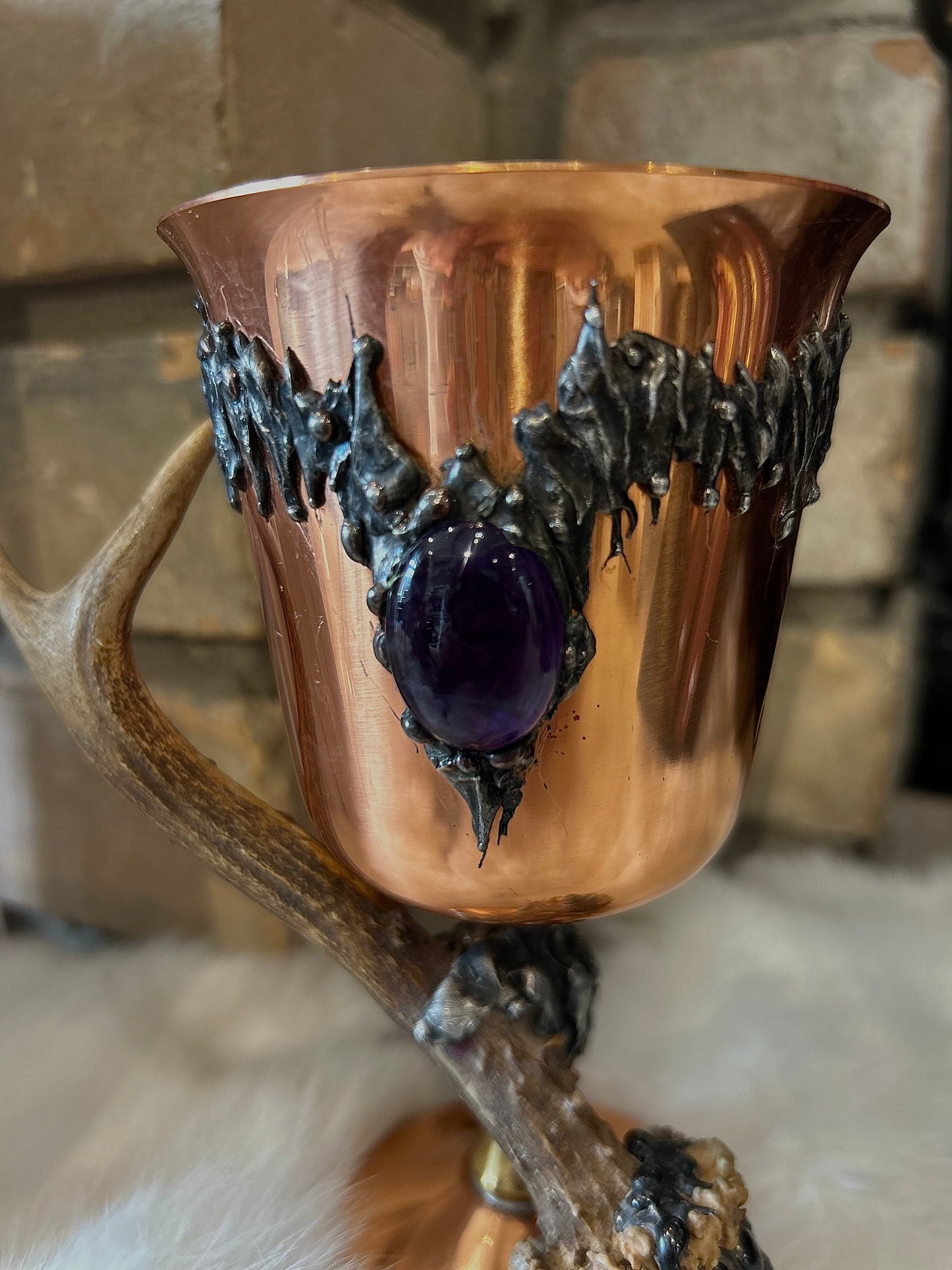 Silver solder Copper chalice with antler handle and Amethyst