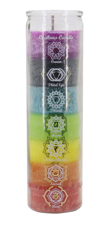 GLASS PRAYER CANDLE - 7 CHAKRAS – UNSCENTED – 8″HX2″
