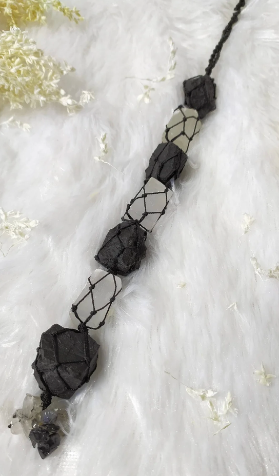 Protection - Selenite & Black Tourmaline Black Knotted Hanger