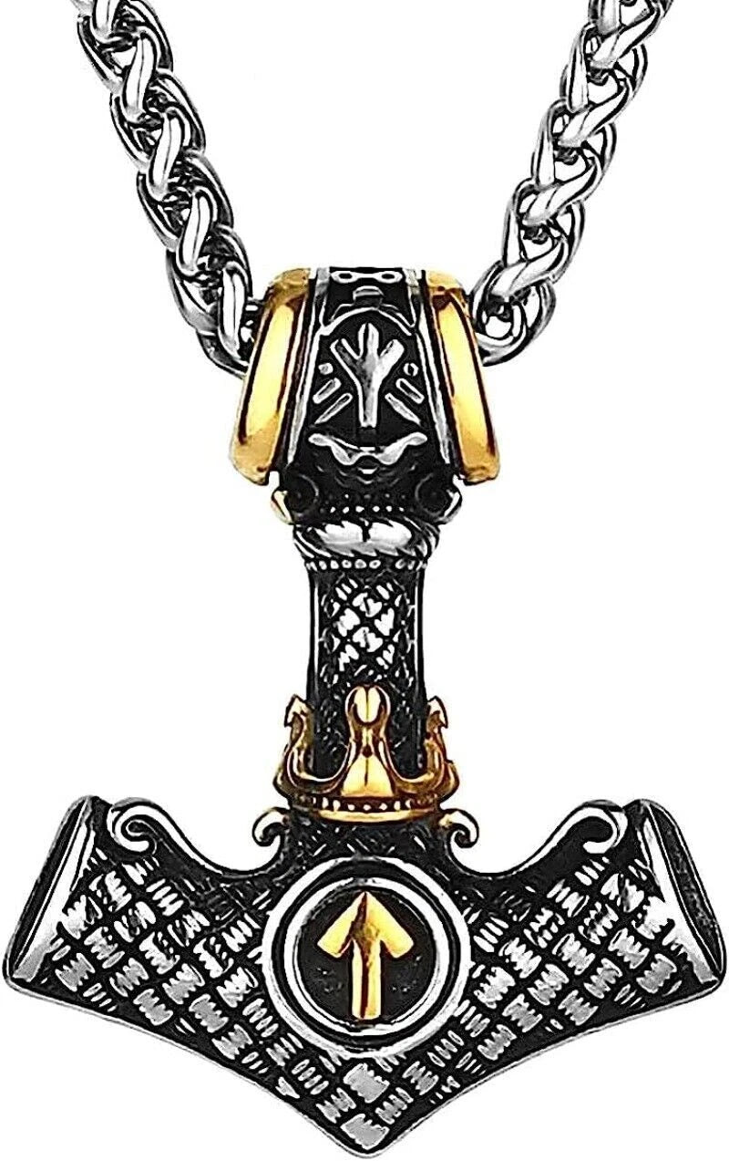 Men's Retro Viking Thors Hammer Valknut Mjolnir Pendant Stainless Steel Necklace