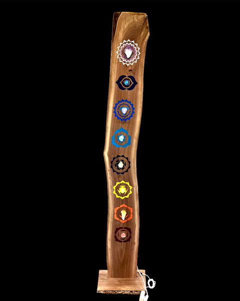 Walnut slab 6 ft with painted chakra symbols and natural crystals