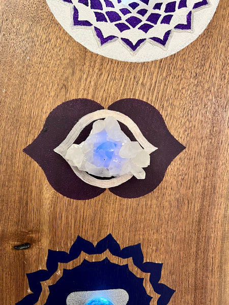 Walnut slab 6 ft with painted chakra symbols and natural crystals