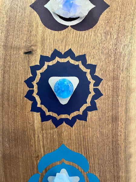 Walnut slab 6 ft with painted chakra symbols and natural crystals