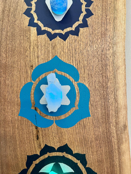 Walnut slab 6 ft with painted chakra symbols and natural crystals